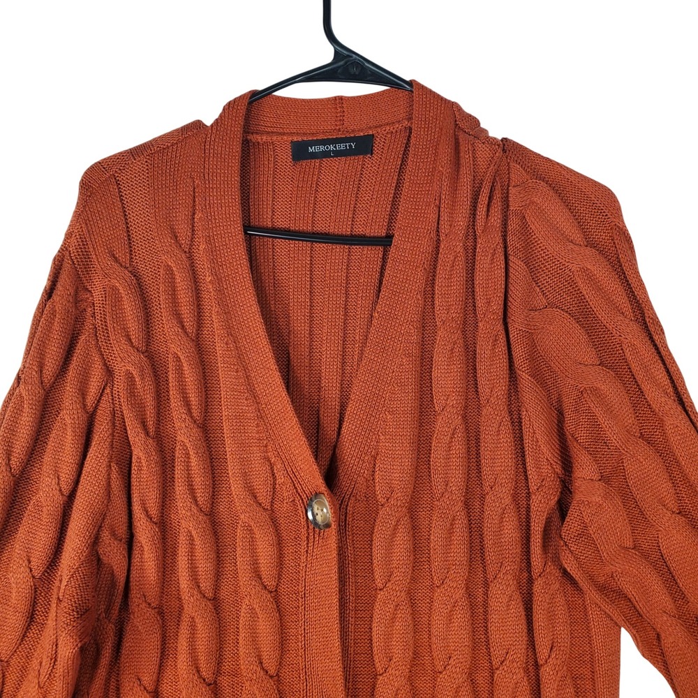 MEROKEETY Women Rust Orange Cable Knit Longline Button Front Cardigan Sweater L